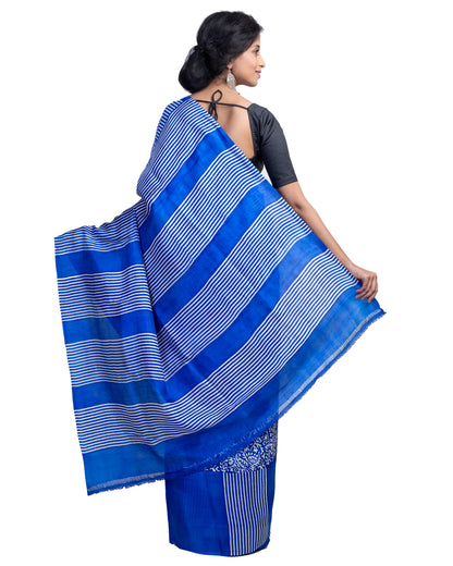 Blue Block Printed Pure Silk Mark Certified Bishnupuri Silk Sarees