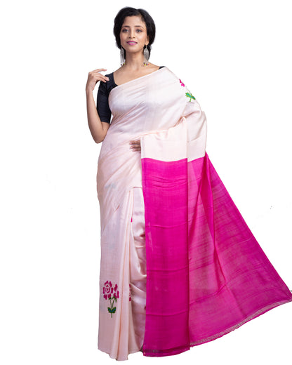 Beige Pink Block Printed Pure Silk Mark Certified Bishnupuri Silk Sarees