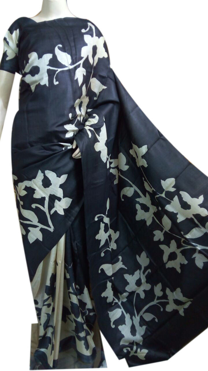 Black Design Gachi Tussar Silk Hand Painting Sarees - Dailybuyys