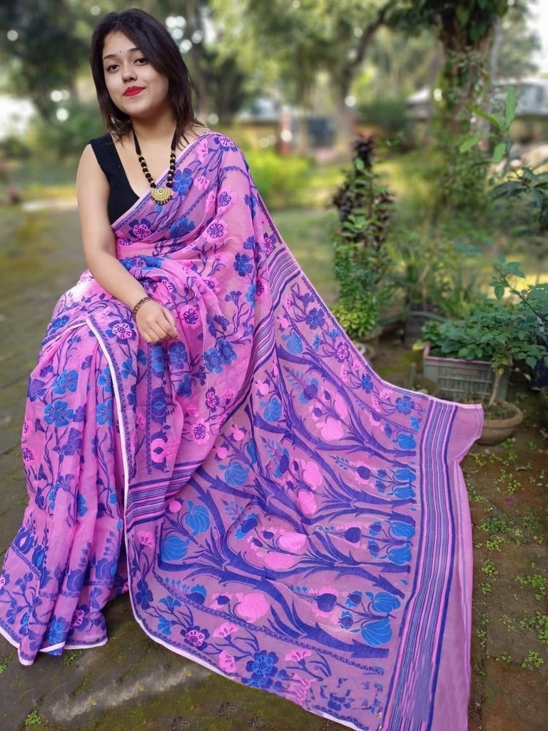 Pink with blue details soft Dhakai Jamdani Sarees Get Extra 10% Discount on All Prepaid Transaction