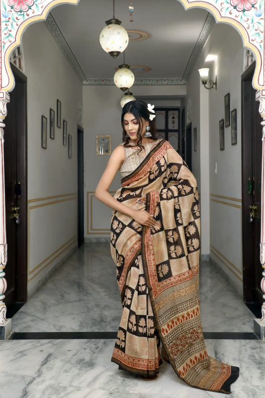 Brown Black Bagru Printed Pure Chanderi Silk Sarees