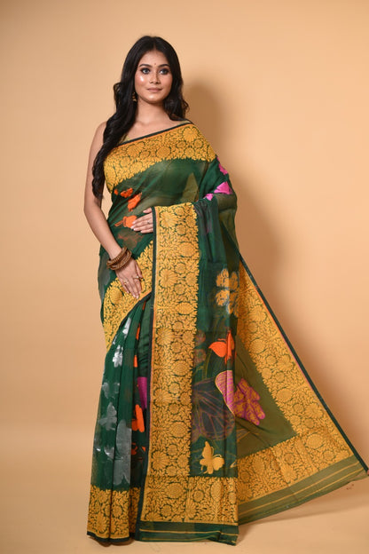 Green & Yellow  Butterfly Handloom Jamdani Saree