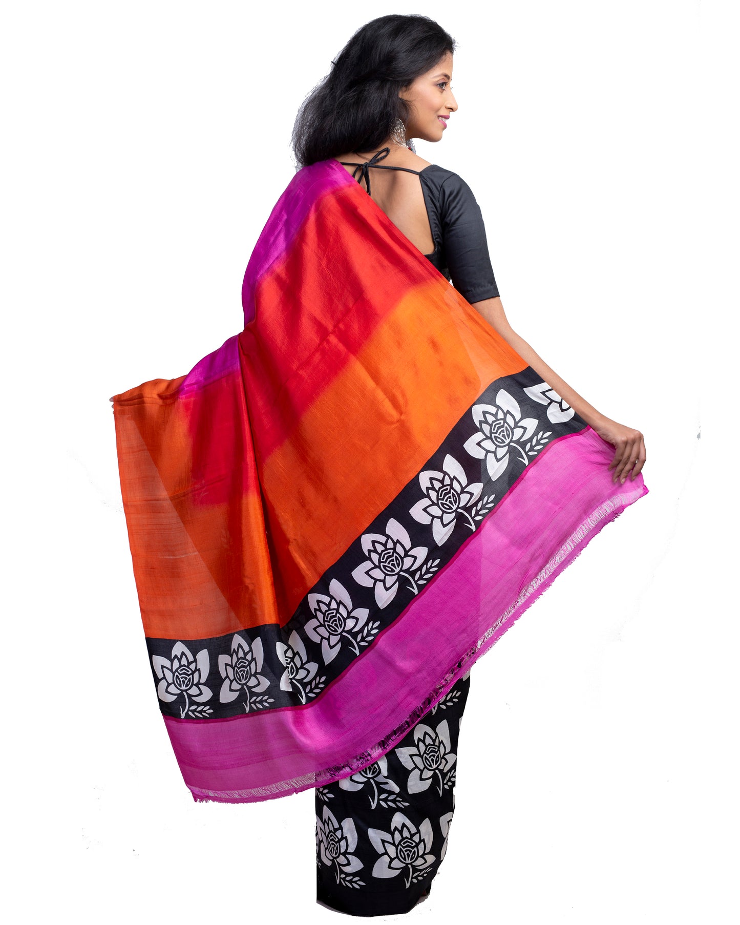 Mix Dye Block Printed Pure Silk Mark Certified Bishnupuri Silk Sarees