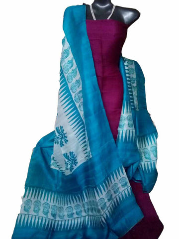 Rani & Blue Block Printed Design Pure Silk Top & Dupatta