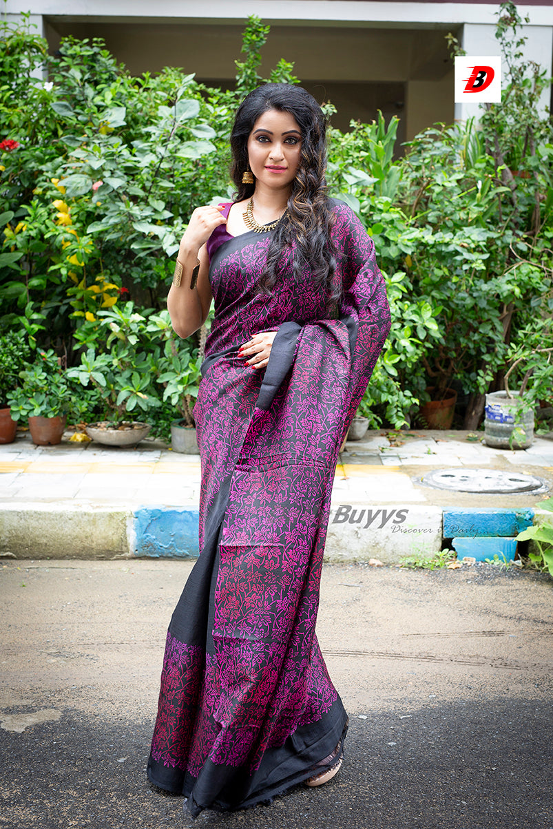 Black Violet Block Printed Pure Silk Mark Certified Bishnupuri Silk Sarees