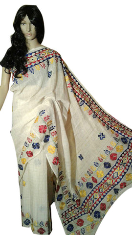 White Bangladeshi Pure Cotton Kathiawari Sarees