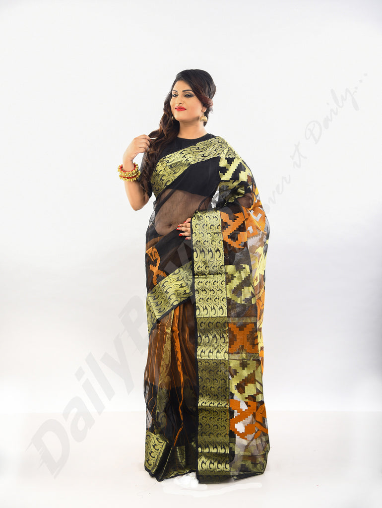 Brown Black Golden Dhakai Jamdani Sarees