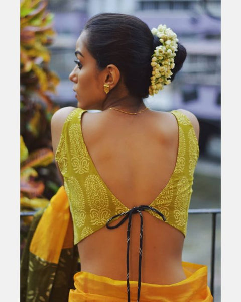 Yellow Backless Tied Block printed sleeveless blouses(Add to Cart