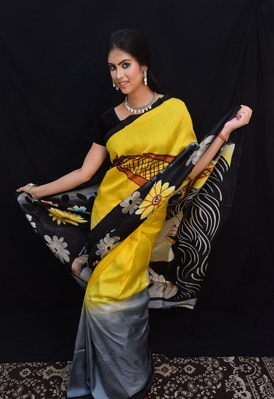 Yellow Hand Painted Pure Silk Mark Certified Bishnupuri Silk Sarees