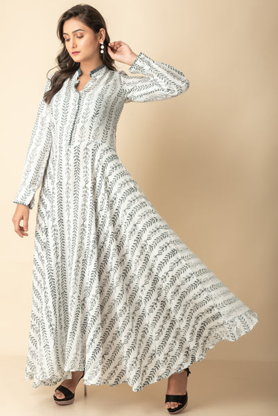 White with Grey block printed maxi kurtis dress Red Imported Long Indo Western Kurtis Wear