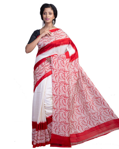 Red Block Printed Pure Silk Mark Certified Bishnupuri Silk Sarees