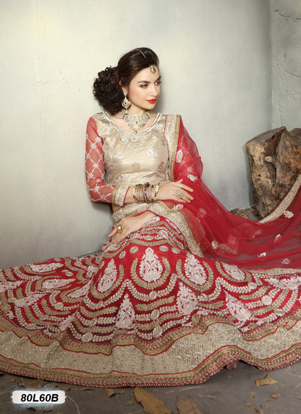 CLASSY RED AND GODLEN BRIDAL LONG TRAIL LEHENGA WITH GOLDEN EMRBOIDERY -