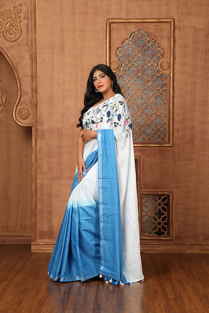 White And Blue Ombrey Color Floral Linen Embroidery Design Sarees