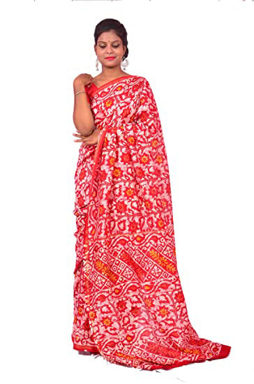 Red Block Printed Pure Silk Mark Certified Bishnupuri Silk Sarees