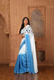 White And Blue Ombrey Color Floral Linen Embroidery Design Sarees