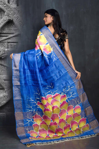 Blue Hand Painted Zari Border Pure Silk Mark Certified Tussar Silk Sarees