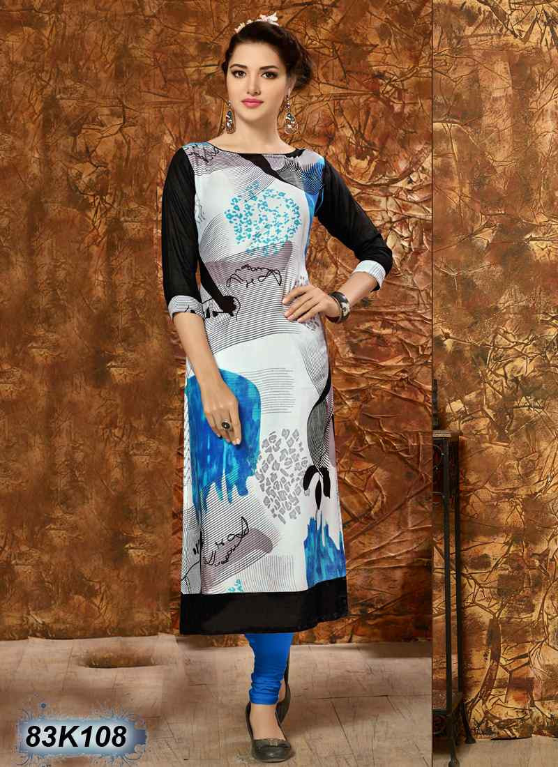 White Blue  Rayon Pure Cotton Kurtis