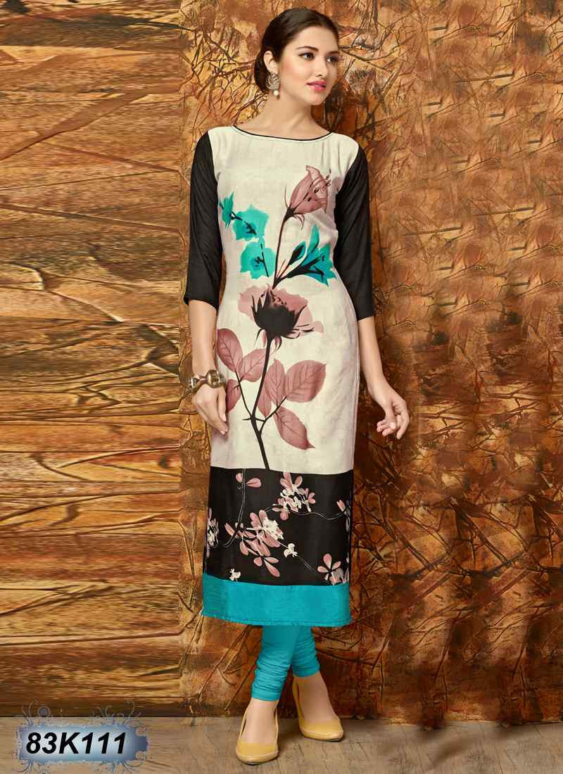 Off White & Back-Black Rayon Pure Cotton Kurtis