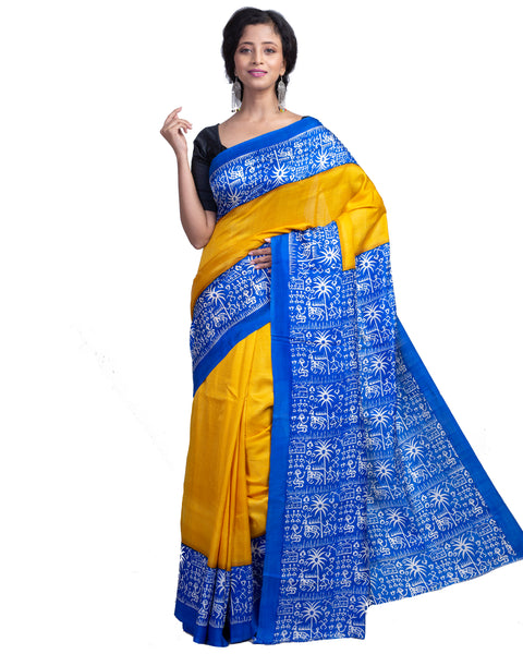 Blue Block Printed Pure Silk Mark Certified Bishnupuri Silk Sarees –  Dailybuyys