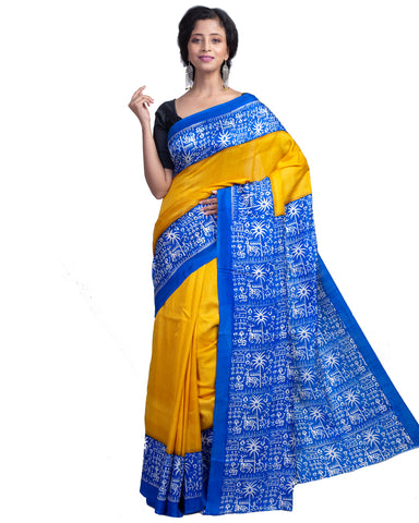 Yellow Blue Pure KK Block Printed Silk Mark Certified Bishnupuri Silk Sarees