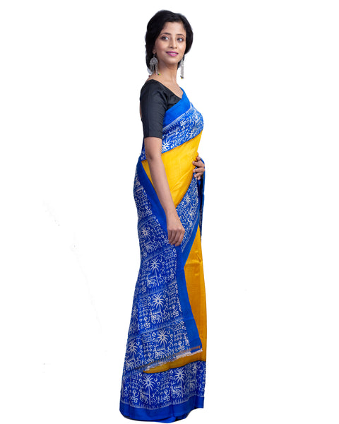 Yellow Blue Pure KK Block Printed Silk Mark Certified Bishnupuri Silk Sarees