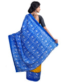 Yellow Blue Pure KK Block Printed Silk Mark Certified Bishnupuri Silk Sarees