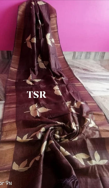 Purple Block Printed Zari Border Pure Silk Mark Certified Tussar Silk Sarees