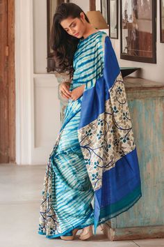 Blue Hand Painted Pure Silk Mark Certified Bishnupuri Silk Sarees