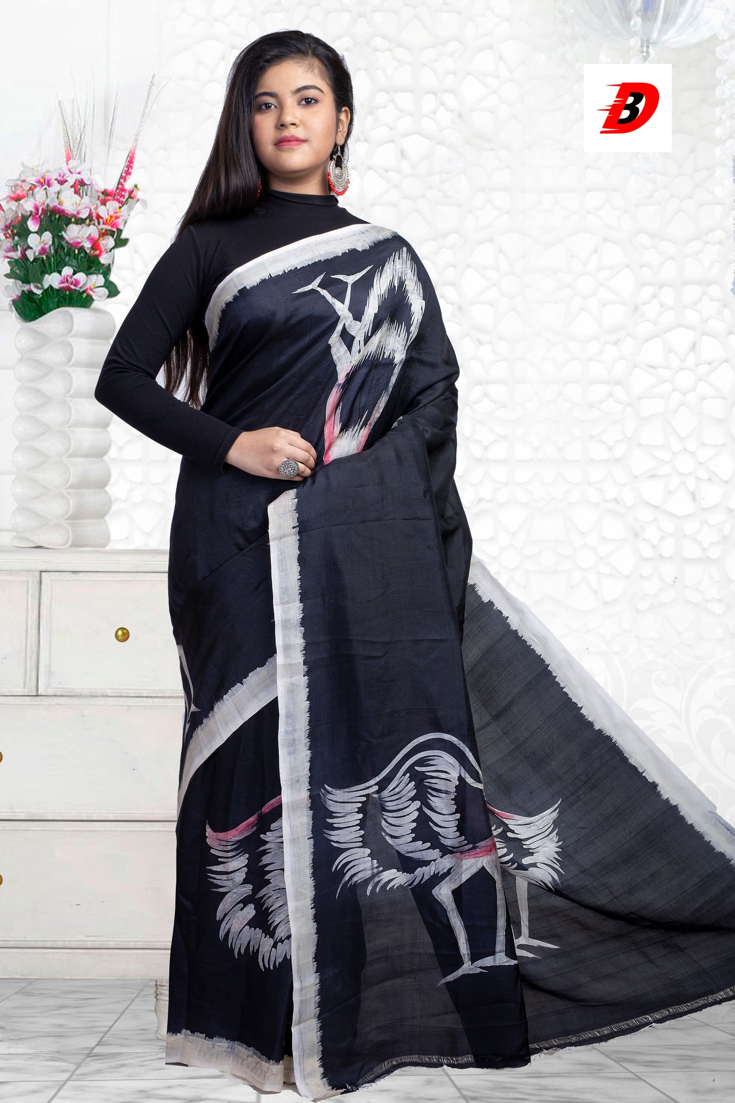 Natural Black Dye With White Bird Motifs Hand Painted Pure Silk Mark Certified Bishnupuri Silk Sarees