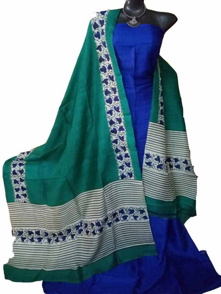Blue & Green Block Printed Design Pure Silk Top & Dupatta