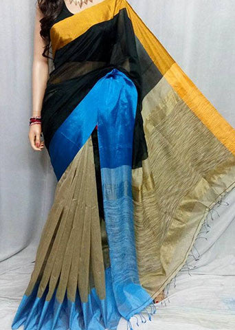 Black & Beige Mahapar Pure Cotton Silk Sarees