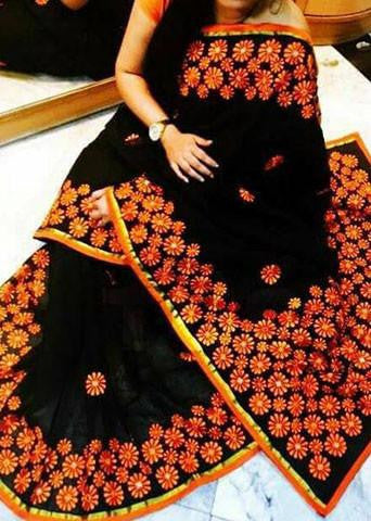 Black Bangladeshi Pure Cotton Kathiawari Sarees