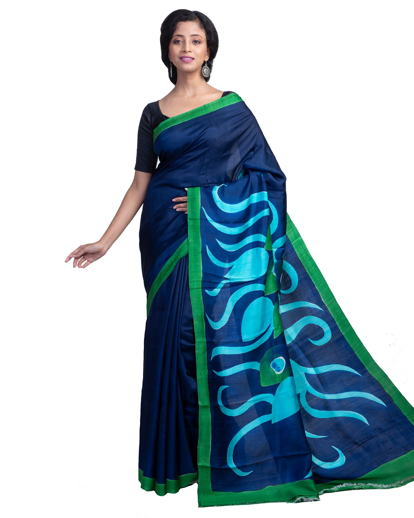 Blue Hand Printed Pure Silk Mark Certified Bishnupuri Silk Sarees