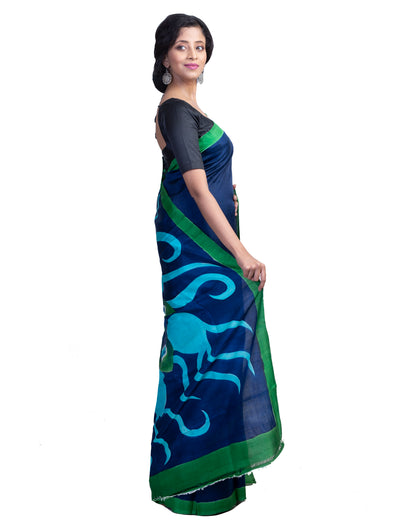 Blue Hand Printed Pure Silk Mark Certified Bishnupuri Silk Sarees