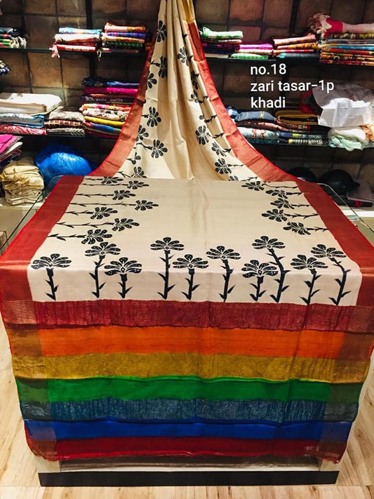 Indradhanu Beige Hand Painted Zari Border Pure Silk Mark Certified Tussar Silk Sarees - Dailybuyys