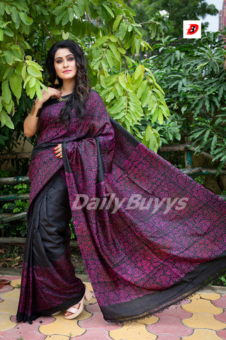 Black Violet Block Printed Pure Silk Mark Certified Bishnupuri Silk Sarees
