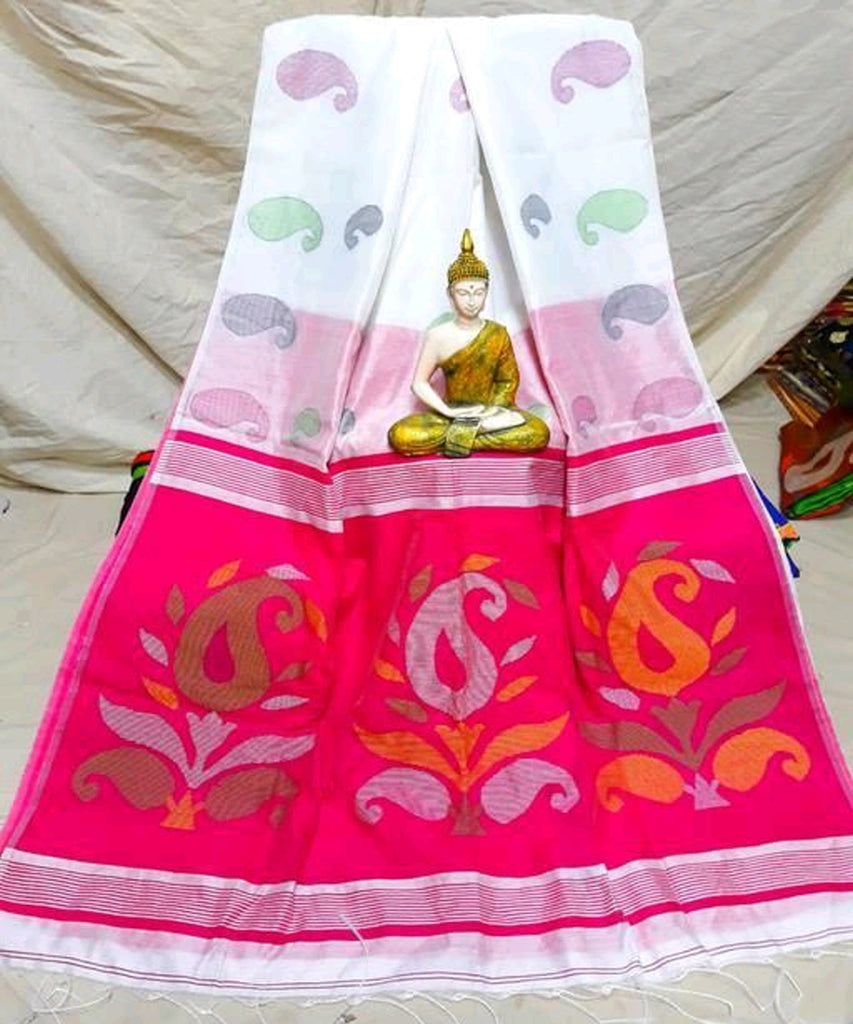 White Pink Pure Cotton Handloom Sarees