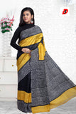 Yellow Black Block Printed Pure Silk Mark Certified Bishnupuri Silk Sarees