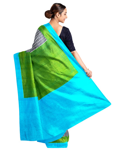 Blue Green Block Printed Pure Silk Mark Certified Bishnupuri Silk Sarees - Dailybuyys