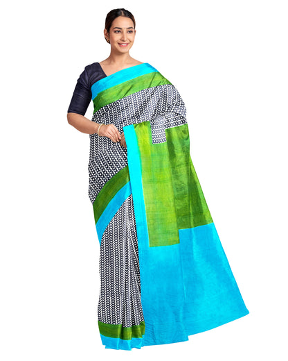 Blue Green Block Printed Pure Silk Mark Certified Bishnupuri Silk Sarees - Dailybuyys