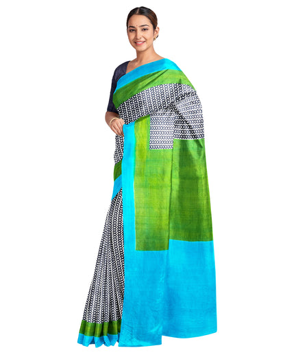 Blue Green Block Printed Pure Silk Mark Certified Bishnupuri Silk Sarees - Dailybuyys