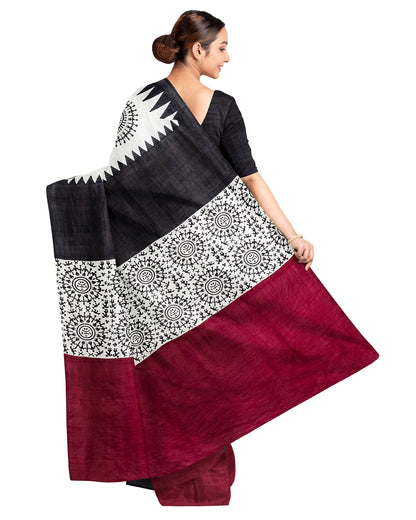 Maroon Black Block Printed Pure Silk Mark Certified Bishnupuri Silk Sarees - Dailybuyys