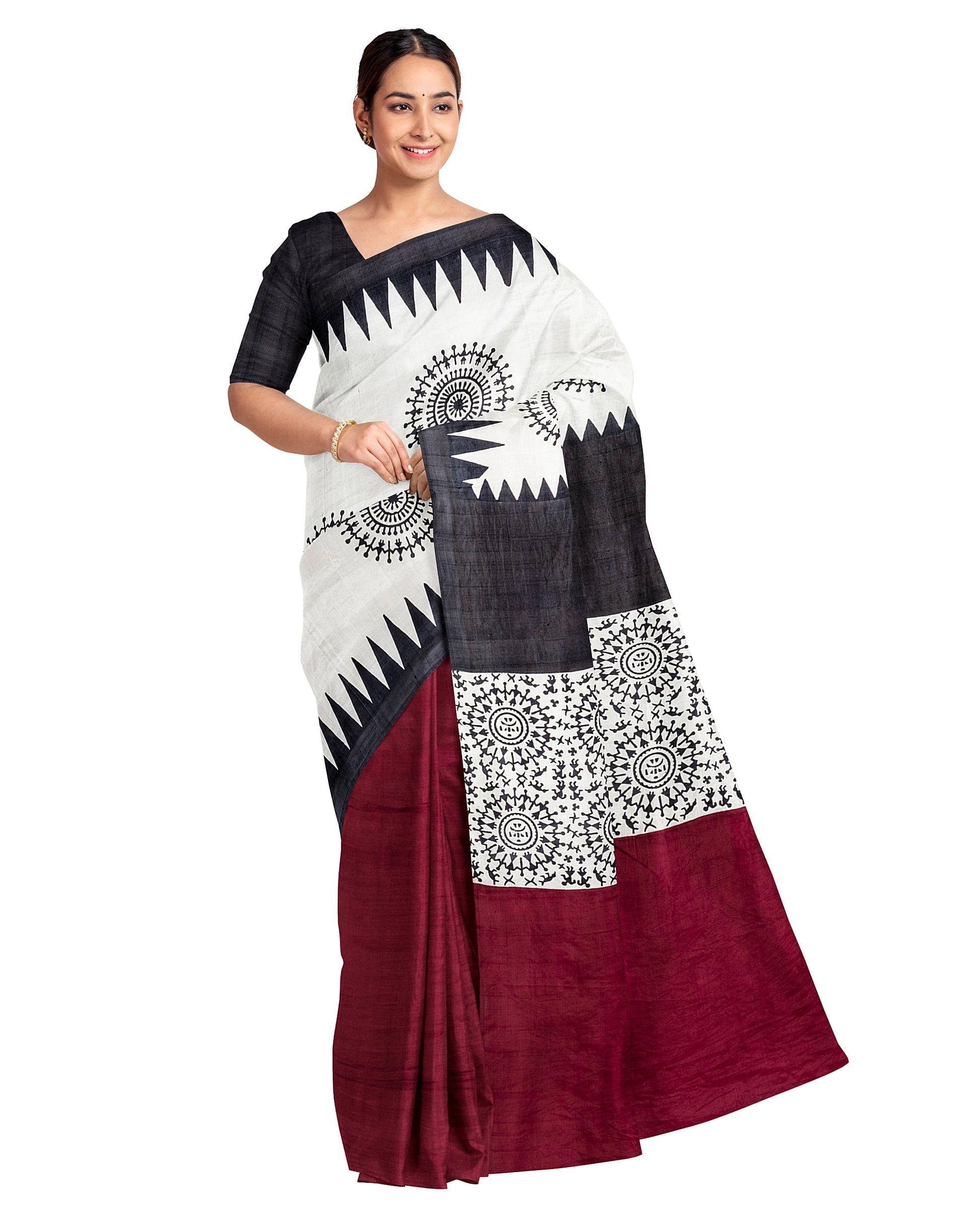 Maroon Black Block Printed Pure Silk Mark Certified Bishnupuri Silk Sarees - Dailybuyys