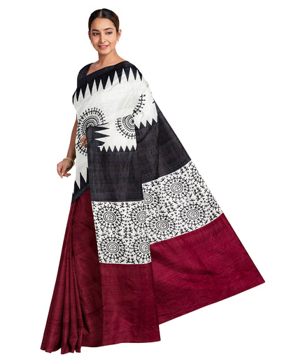 Maroon Black Block Printed Pure Silk Mark Certified Bishnupuri Silk Sarees - Dailybuyys