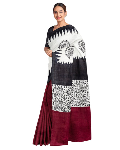 Maroon Black Block Printed Pure Silk Mark Certified Bishnupuri Silk Sarees - Dailybuyys