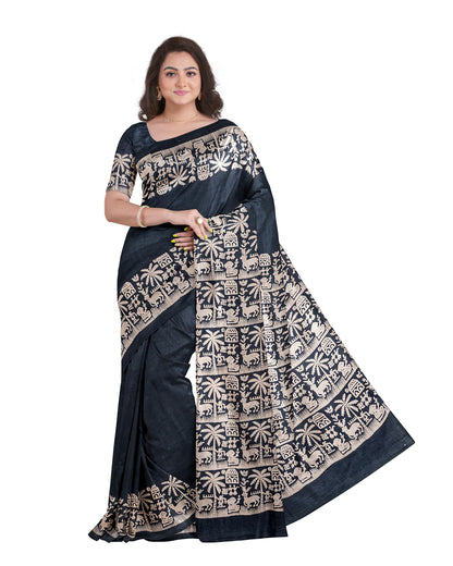 Grey Block Printed Pure Silk Mark Certified Bishnupuri Silk Sarees - Dailybuyys