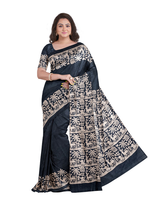 Grey Block Printed Pure Silk Mark Certified Bishnupuri Silk Sarees - Dailybuyys