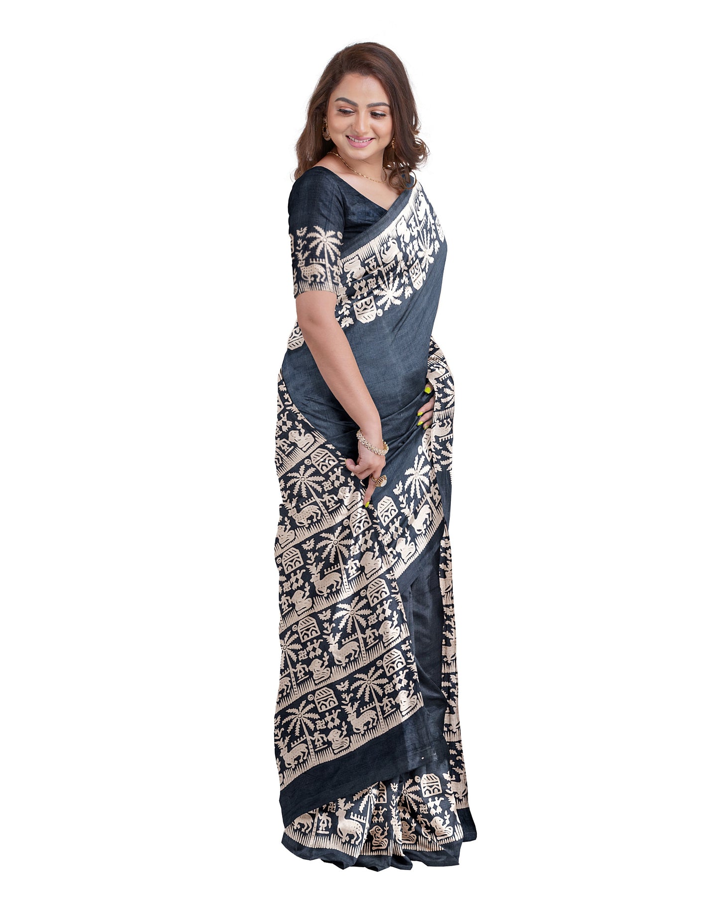 Grey Block Printed Pure Silk Mark Certified Bishnupuri Silk Sarees - Dailybuyys