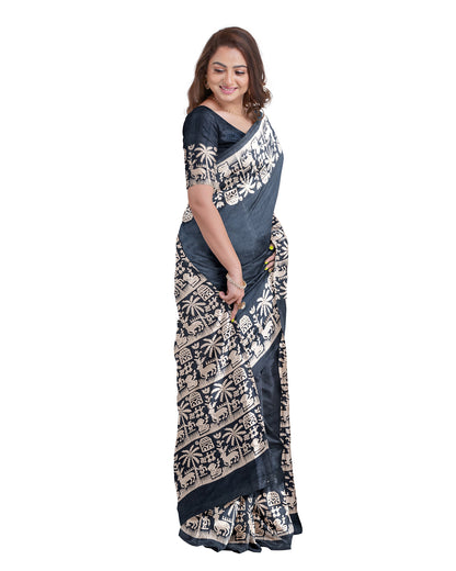 Grey Block Printed Pure Silk Mark Certified Bishnupuri Silk Sarees - Dailybuyys
