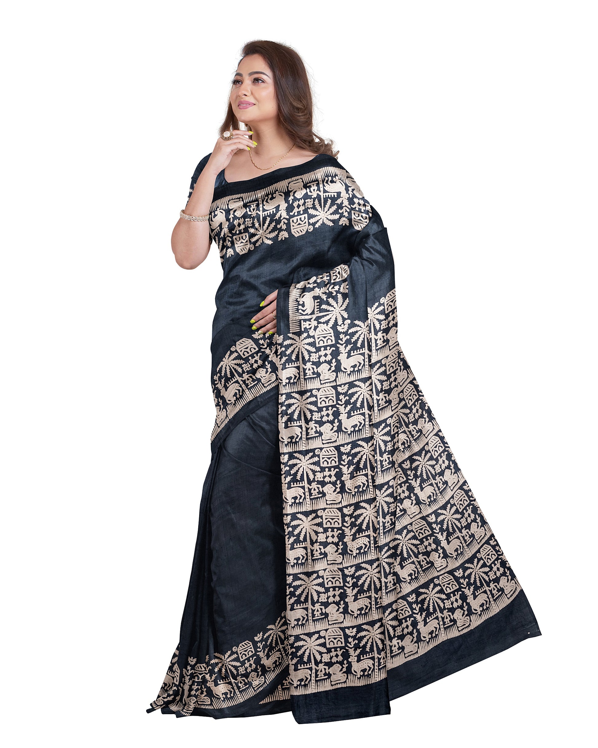Grey Block Printed Pure Silk Mark Certified Bishnupuri Silk Sarees